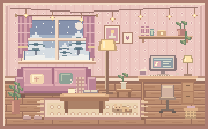 原创像素雪夜小屋：雪松窗景、粉色沙发、木书桌、地毯上的小猫和暖黄色星星灯。